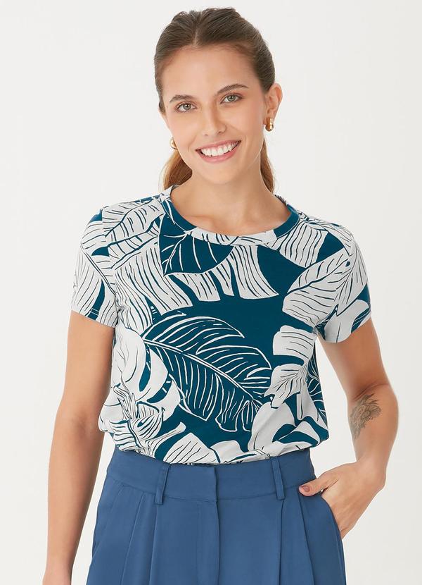 Malwee - Blusa Tropical de Folhagens Azul Petróleo