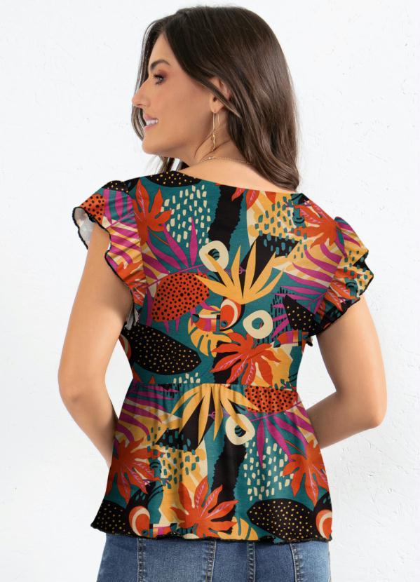 Quintess - Blusa Tropical Verde Acinturada com Babados 2