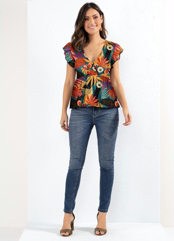 Quintess - Blusa Tropical Verde Acinturada com Babados 3