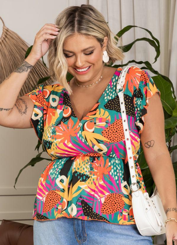 Quintess - Blusa Tropical Verde Acinturada com Babados 5