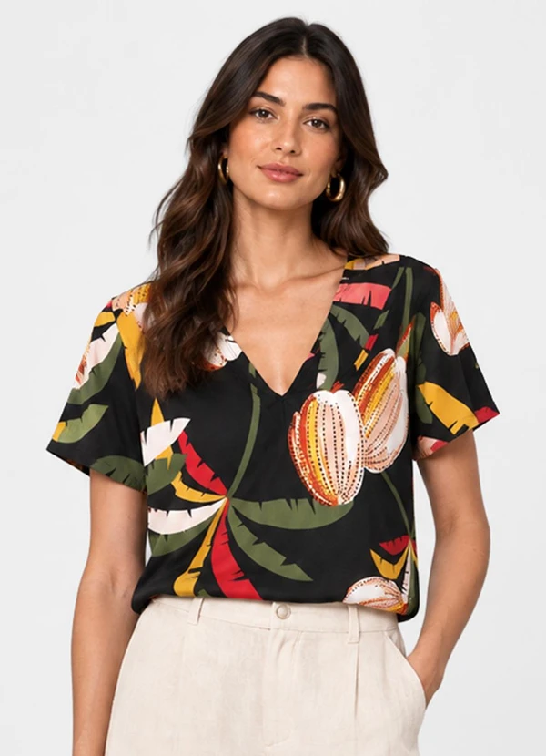 Infinita Cor - Blusa Verão em Malha Spandex Print Preto