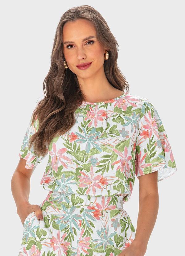 Malwee - Blusa Verde Ampla Floral Maquinetada