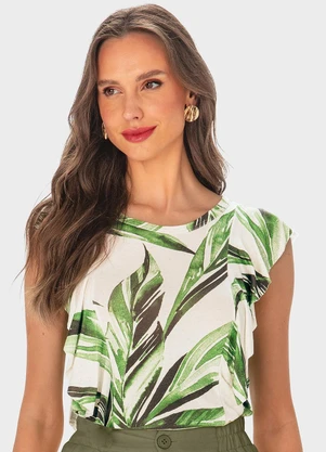 Malwee - Blusa Verde Babados Folhagens em Viscolinho - MALWEE