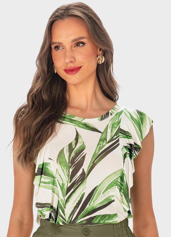 Malwee - Blusa Verde Babados Folhagens em Viscolinho