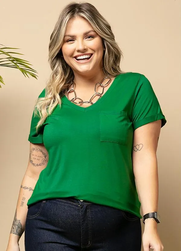 Quintess - Blusa Verde Bandeira com Decote V e Bolso 5