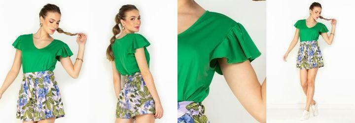 Blusa Verde com Babado na Cava e Decote V