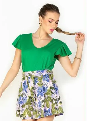 Moda Pop - Blusa Verde com Babado na Cava e Decote V - MODA POP