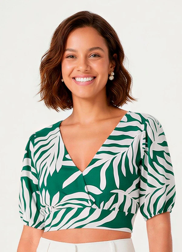 Malwee - Blusa Verde Cropped Folhagens com Amarração