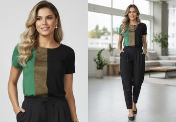 Blusa Verde e Preto com Recorte Frontal
