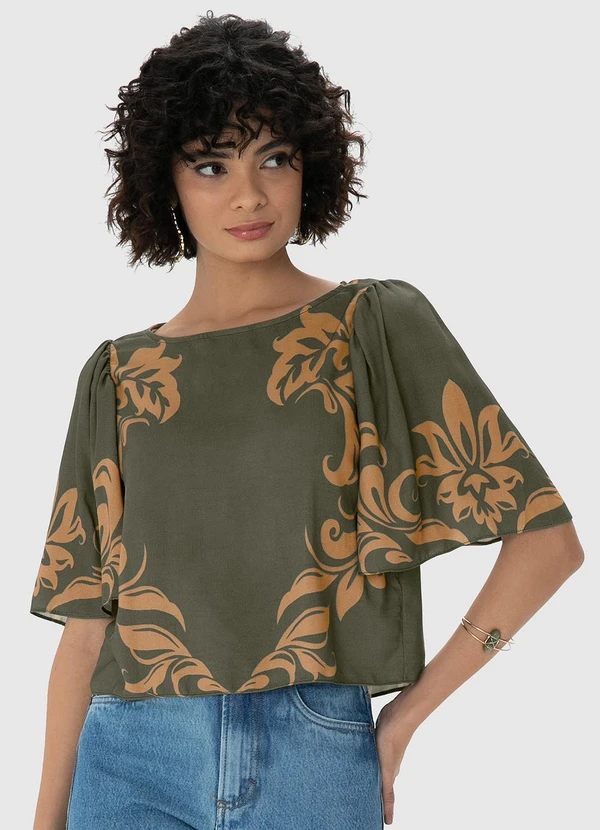 Enfim - Blusa Verde Militar Ampla Arabesco