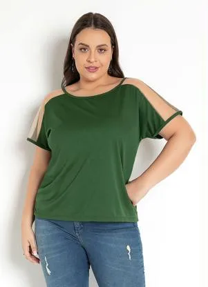 Moda Pop - Blusa Verde Militar com Transparência nas Mangas - MODA POP