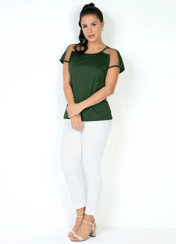 Moda Pop - Blusa Verde Militar com Transparência nas Mangas 3