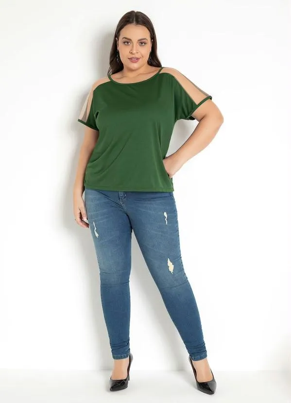 Moda Pop - Blusa Verde Militar com Transparência nas Mangas 7