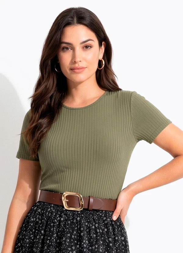 Quintess - Blusa Verde Militar em Malha Canelada