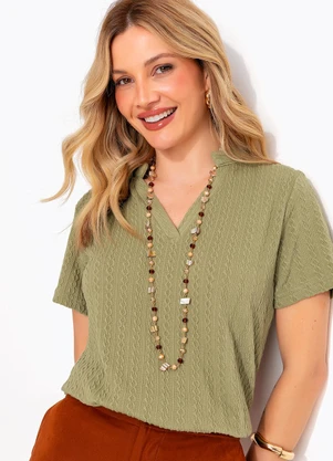 Quintess - Blusa Verde Militar em Malha Tricô Texturizada - QUINTESS