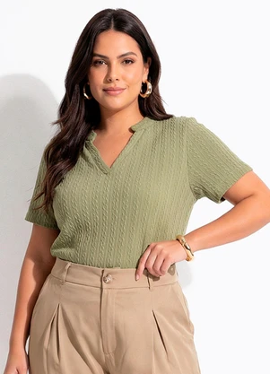 Quintess - Blusa Verde Militar em Malha Tricô Texturizada - QUINTESS