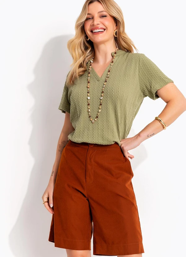 Quintess - Blusa Verde Militar em Malha Tricô Texturizada 3