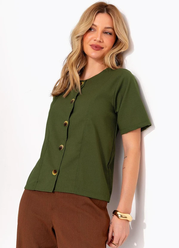 Quintess - Blusa em Linho Verde Oliva com Botões e Recortes Estruturados