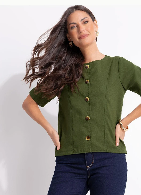 Quintess - Blusa em Linho Verde Oliva com Botões e Recortes Estruturados 7