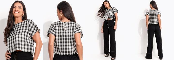 Blusa Vichy Preto em Tecido Plano de Polister