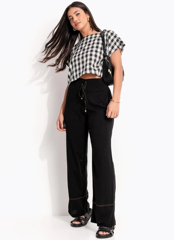 Quintess - Blusa Vichy Preto em Tecido Plano de Poliéster 6