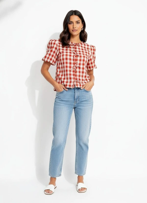 Quintess - Blusa Vichy Vermelho em Tecido de Poliéster 3