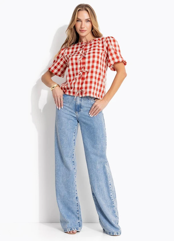 Quintess - Blusa Vichy Vermelho em Tecido de Poliéster 9