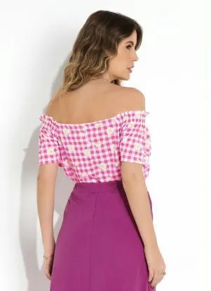 Moda Pop - Blusa Xadrez Floral Rosa com Elástico nos Ombros - MODA POP
