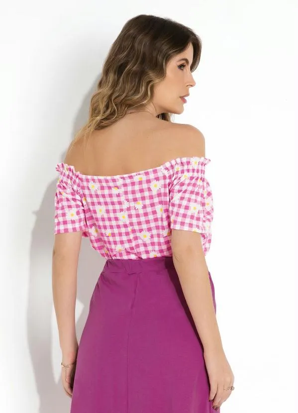 Moda Pop - Blusa Xadrez Floral Rosa com Elástico nos Ombros 2