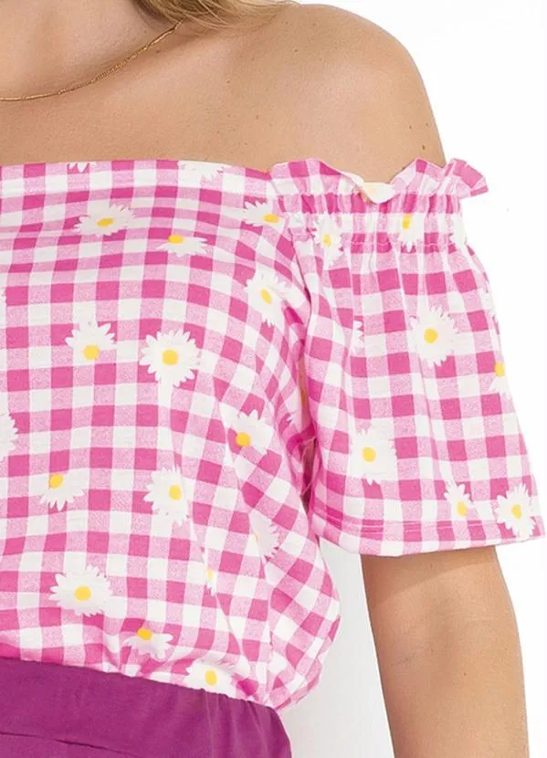 Moda Pop - Blusa Xadrez Floral Rosa com Elástico nos Ombros 3
