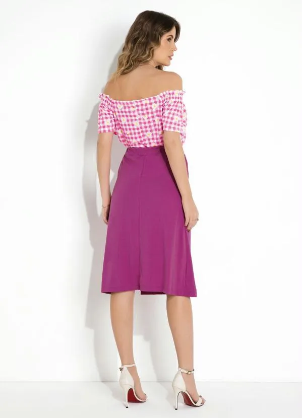 Moda Pop - Blusa Xadrez Floral Rosa com Elástico nos Ombros 5