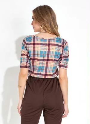 Moda Pop - Blusa Xadrez Marrom com Decote Quadrado - MODA POP