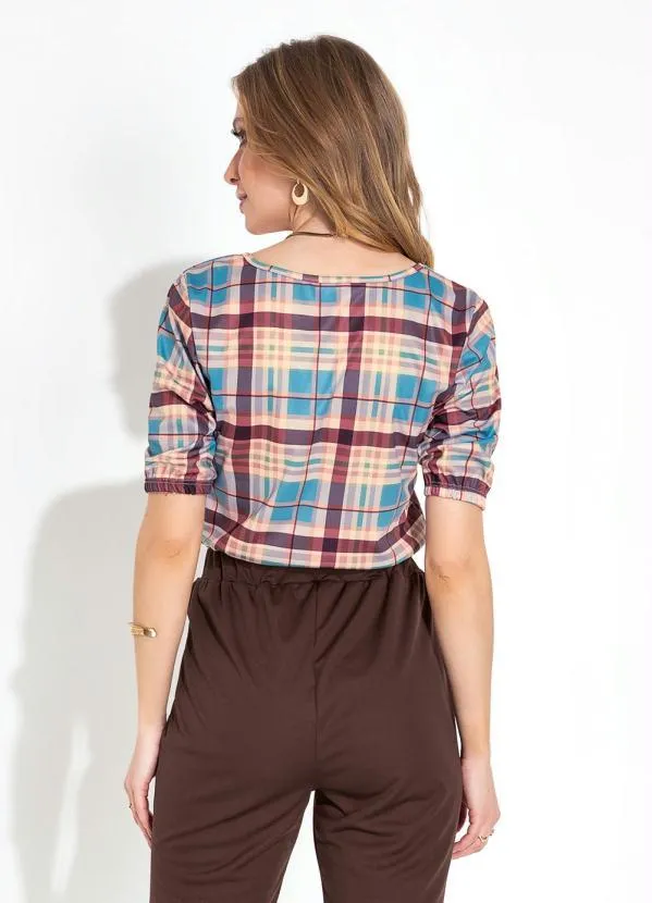 Moda Pop - Blusa Xadrez Marrom com Decote Quadrado 2