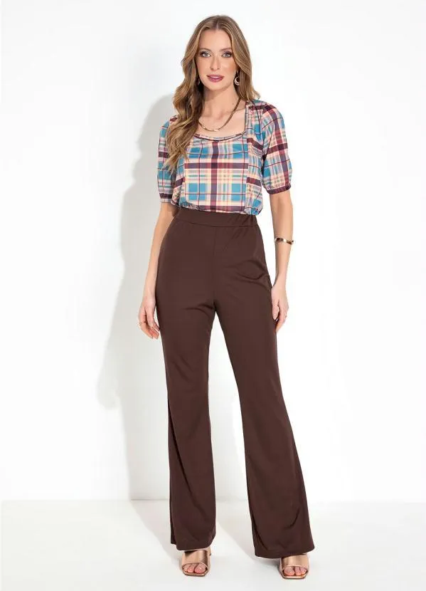 Moda Pop - Blusa Xadrez Marrom com Decote Quadrado 3