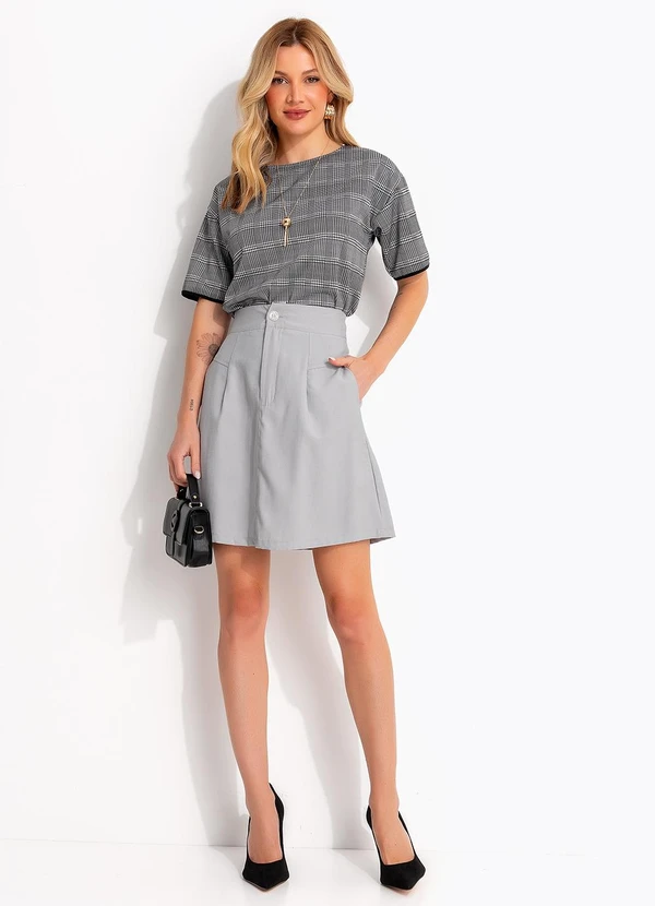 Quintess - Blusa em Malha Jacquard Xadrez com Manga Curta e Decote Redondo 5