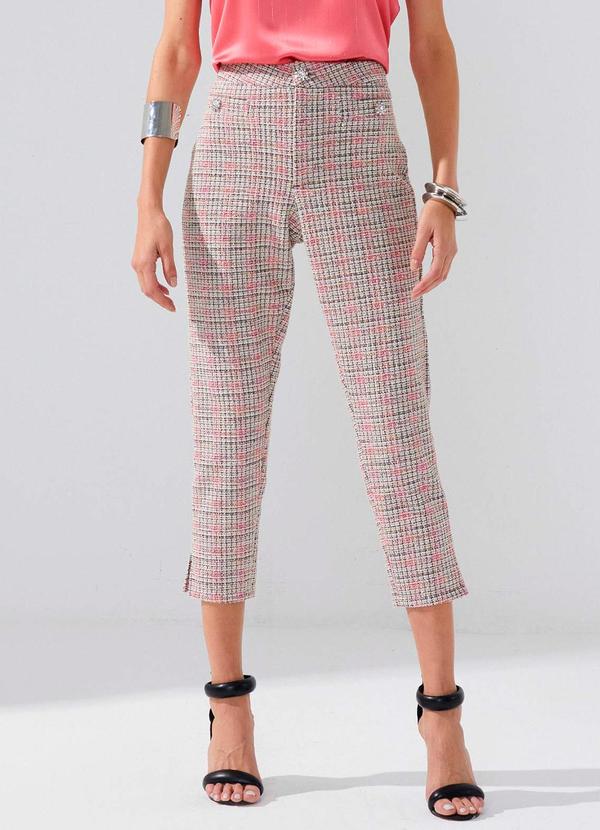 Linzzi - Calça Cintura Alta em Malha Tweed Rosa Claro