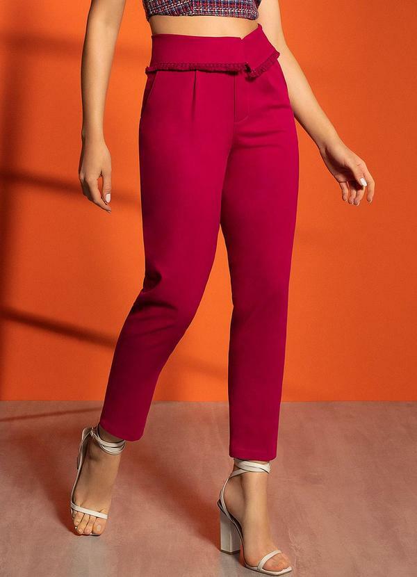Linzzi - Calça Cintura Alta Tecido de Linho Rosa Escuro