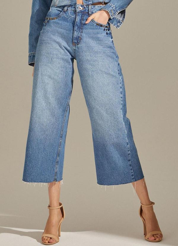 Linzzi - Calça Culote Cintura Alta em Denim Azul Claro
