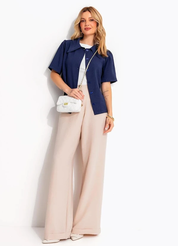 Quintess - Camisa Alfaiataria Azul Marinho com Gola Vintage e Manga Curta 1