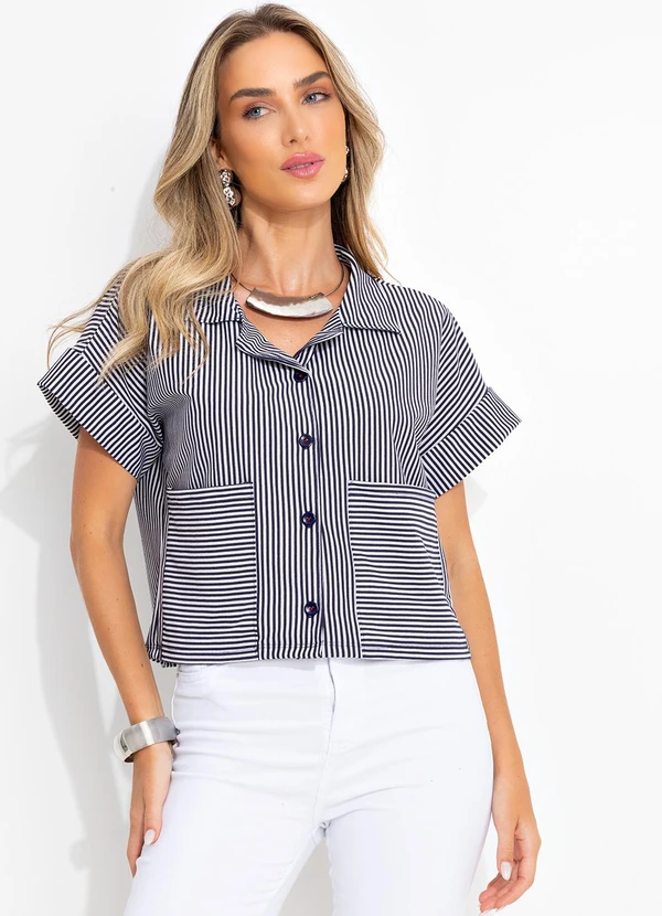 Bimini - Camisa Azul Escuro em Meia Malha Listrada 5