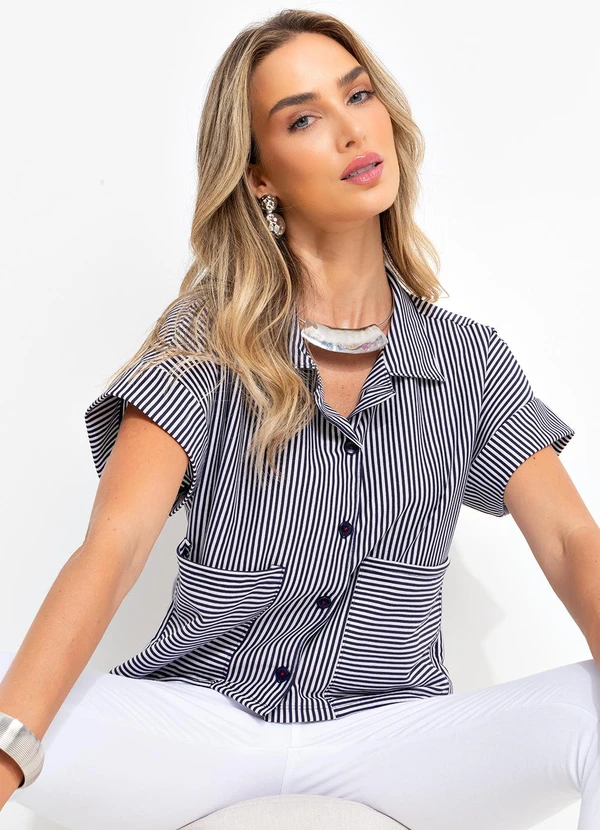 Bimini - Camisa Azul Escuro em Meia Malha Listrada 6