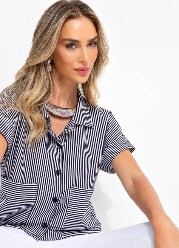 Bimini - Camisa Azul Escuro em Meia Malha Listrada 7