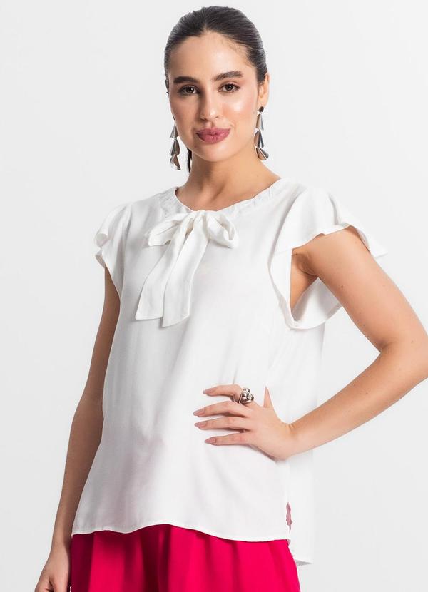 Select - Camisa Feminina Gola Laço Manga Curta Bege