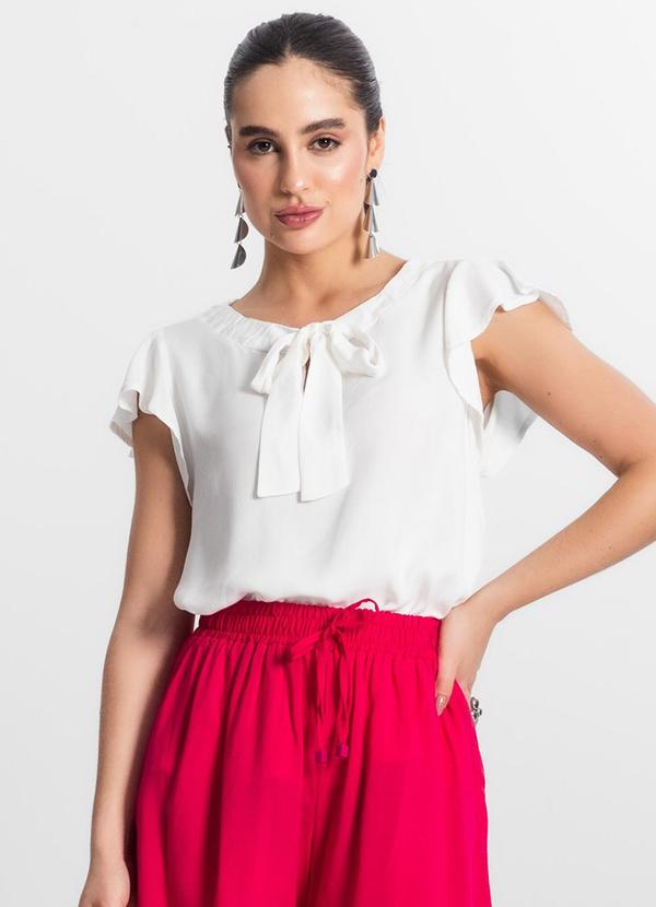 Select - Camisa Feminina Gola Laço Manga Curta Bege 4
