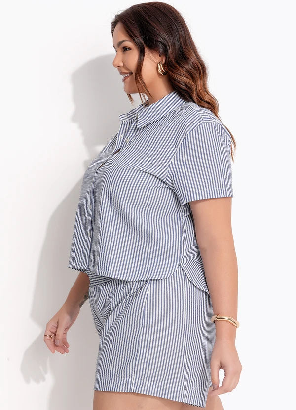 Quintess - Camisa Listrado Azul em Tecido Anaruga Fio Tinto