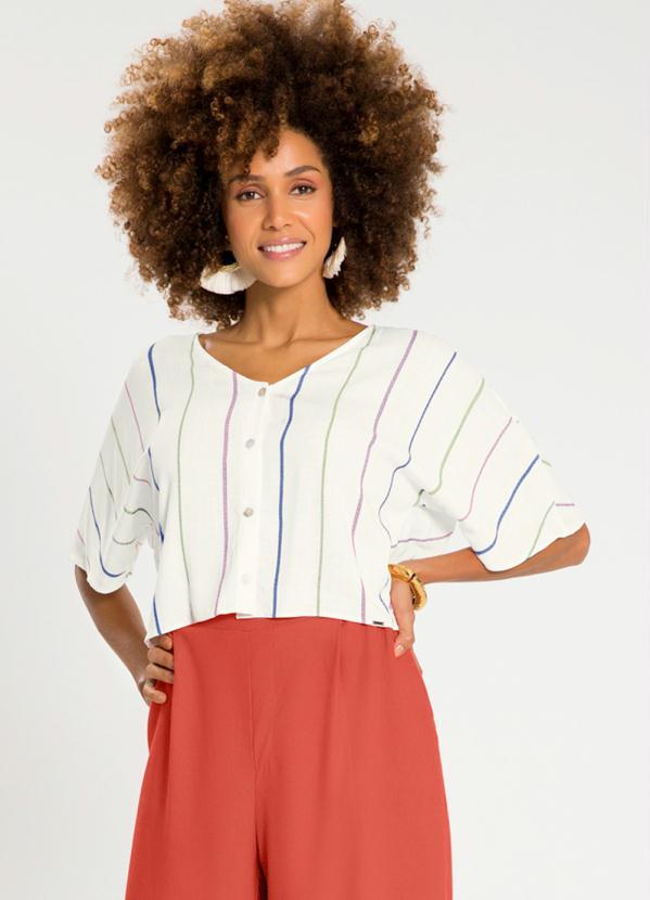 Lunender - Camisa Manga Curta Cropped Estampada Branco