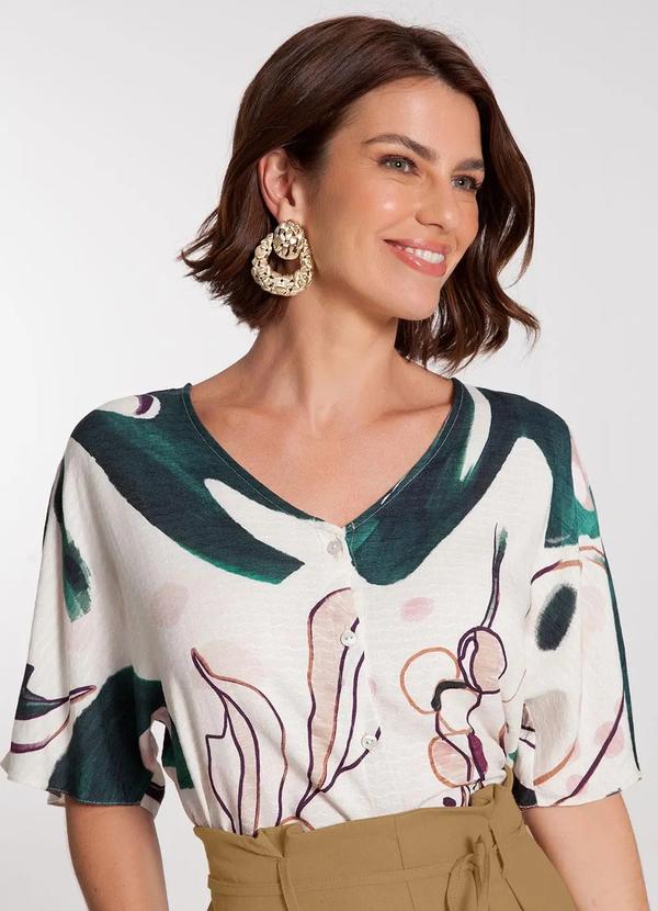 Lunender - Camisa Manga Curta em Viscose Estampada Off White