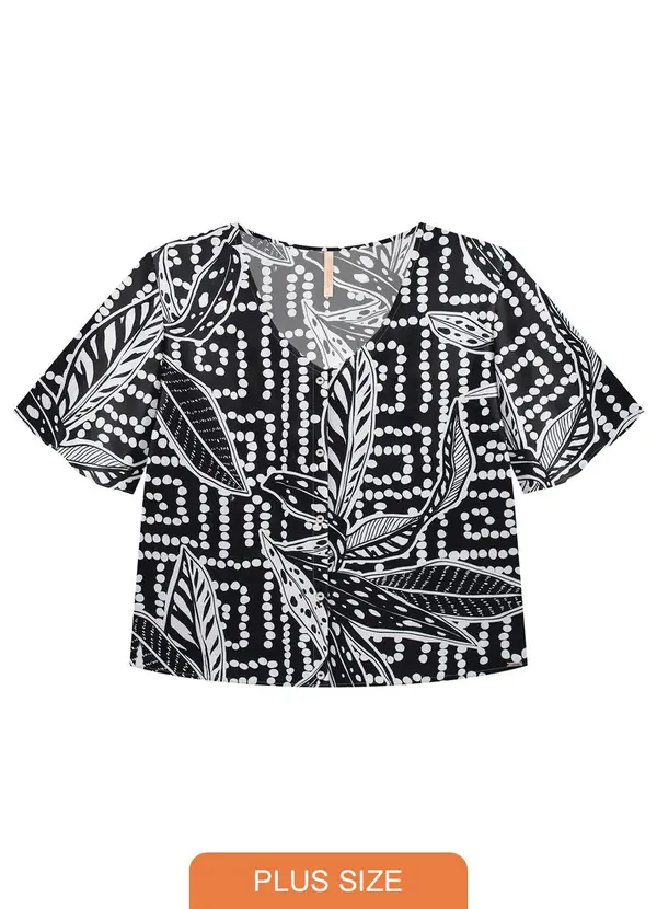 Lunender Mais Mulher - Camisa Manga Curta Plus Size Estampada Preto