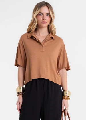 Endless - Camisa Polo Feminina em Visco Maquinetada Marrom - ENDLESS