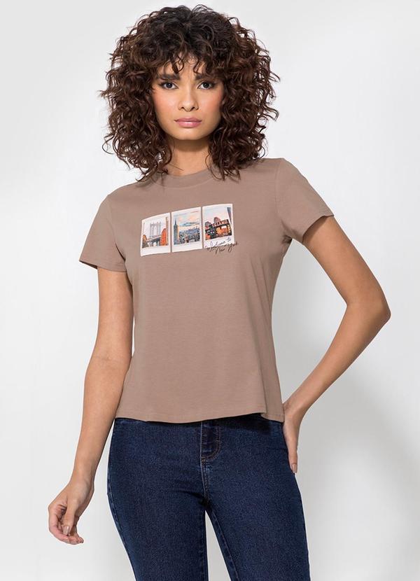 Enfim - Camiseta Bege Baby Look New York